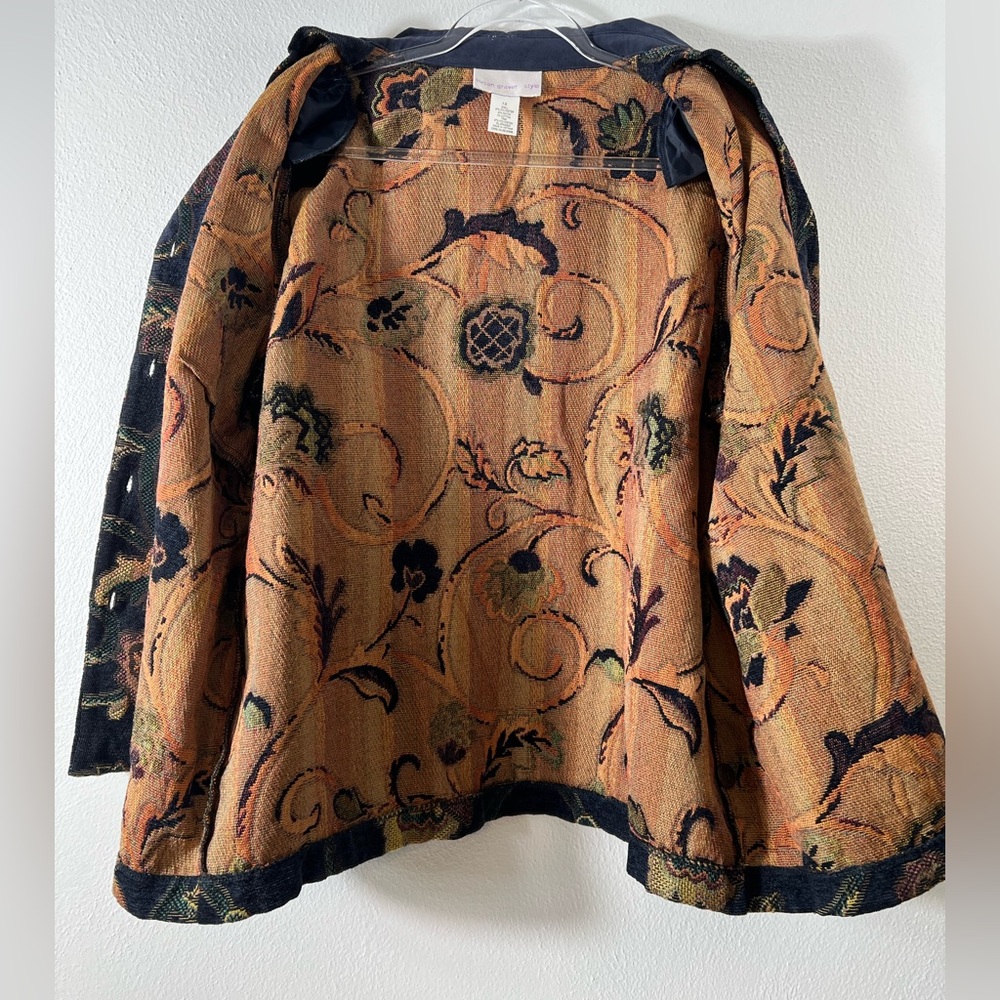 Susan Graver Floral Tapestry Button Up Suede Collar Navy Blue Blazer Jacket 1X - Picture 5 of 7